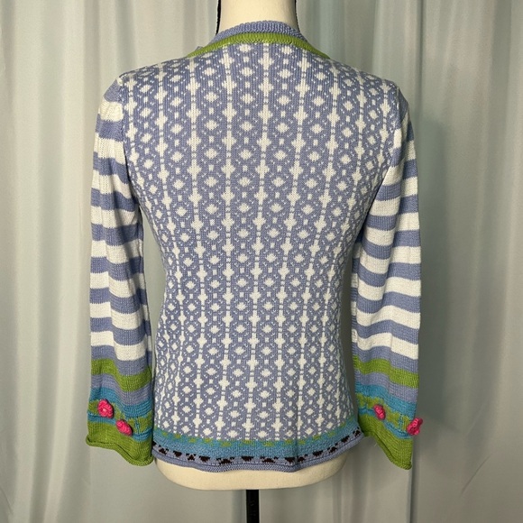 MISSLOOK Periwinkle, White, Blue, Lime Green and Pink Flower Rosette Sweater - Picture 4 of 9